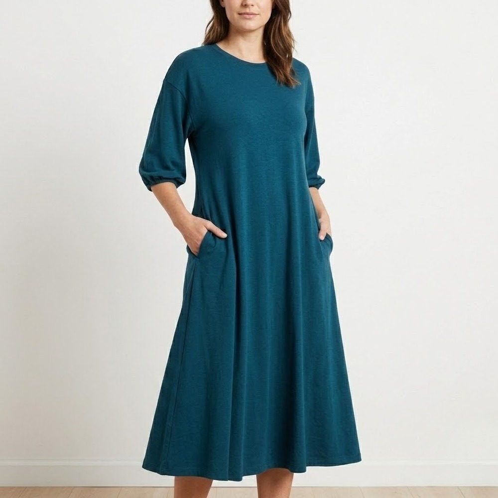 Uniqlo Puff Sleeve Midi Dress Womens Large Teal Cotton Knit Pockets Minimalist - Picture 1 of 13
